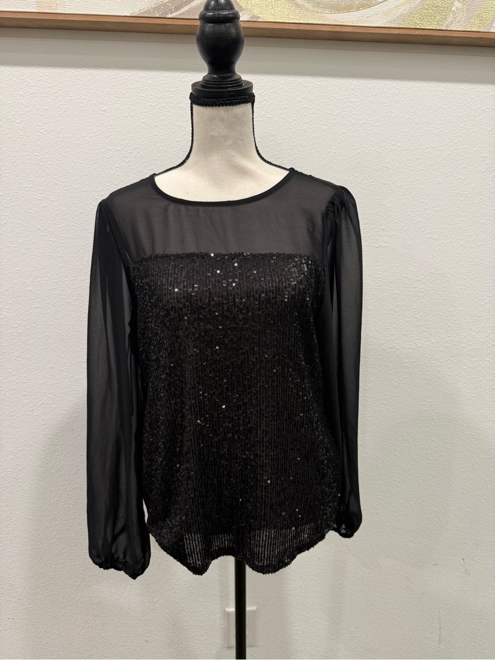 Black Sequin Mesh Long-Sleeve Women's Top